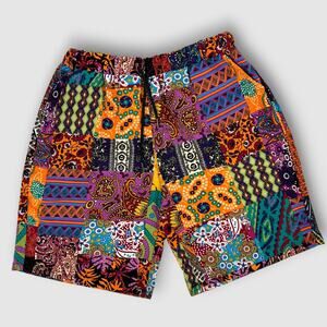 Boho Patchwork Print Elastic Waist Shorts Multicolor Festival Summer Size XL